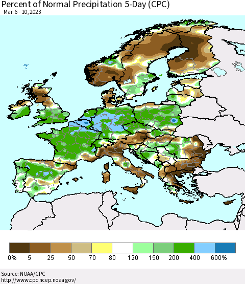 Europe Percent of Normal Precipitation 5-Day (CPC) Thematic Map For 3/6/2023 - 3/10/2023