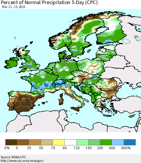 Europe Percent of Normal Precipitation 5-Day (CPC) Thematic Map For 3/11/2023 - 3/15/2023