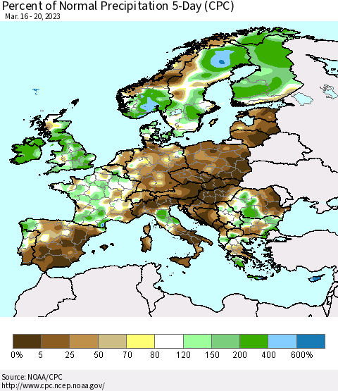 Europe Percent of Normal Precipitation 5-Day (CPC) Thematic Map For 3/16/2023 - 3/20/2023
