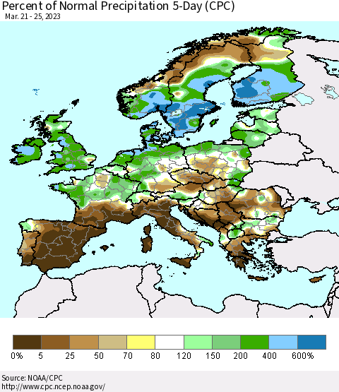 Europe Percent of Normal Precipitation 5-Day (CPC) Thematic Map For 3/21/2023 - 3/25/2023