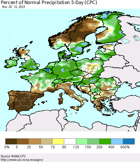 Europe Percent of Normal Precipitation 5-Day (CPC) Thematic Map For 3/26/2023 - 3/31/2023