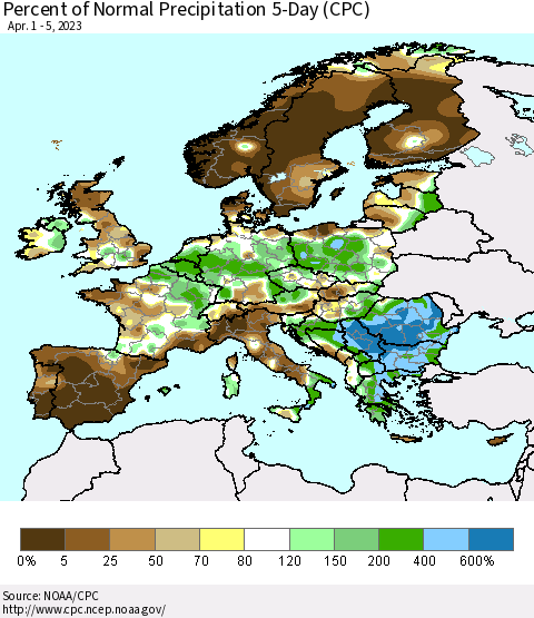 Europe Percent of Normal Precipitation 5-Day (CPC) Thematic Map For 4/1/2023 - 4/5/2023