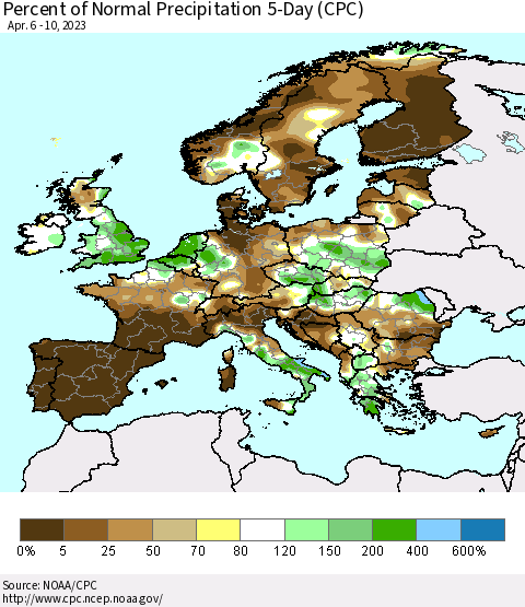 Europe Percent of Normal Precipitation 5-Day (CPC) Thematic Map For 4/6/2023 - 4/10/2023
