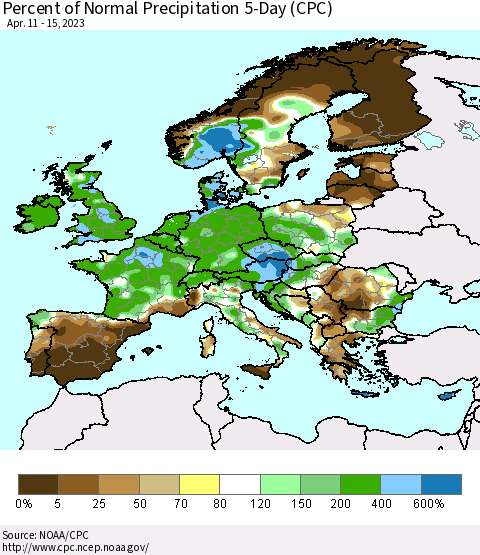 Europe Percent of Normal Precipitation 5-Day (CPC) Thematic Map For 4/11/2023 - 4/15/2023