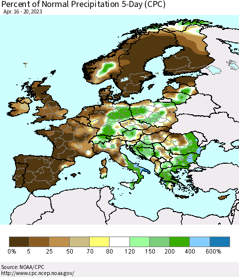 Europe Percent of Normal Precipitation 5-Day (CPC) Thematic Map For 4/16/2023 - 4/20/2023