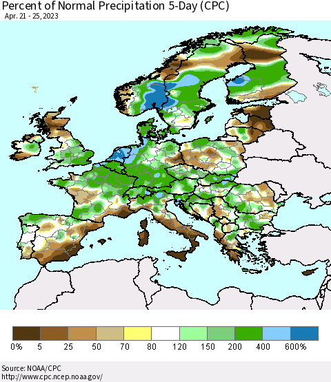 Europe Percent of Normal Precipitation 5-Day (CPC) Thematic Map For 4/21/2023 - 4/25/2023