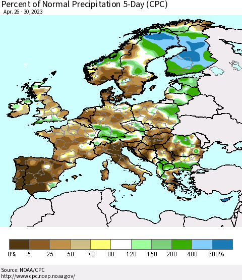 Europe Percent of Normal Precipitation 5-Day (CPC) Thematic Map For 4/26/2023 - 4/30/2023