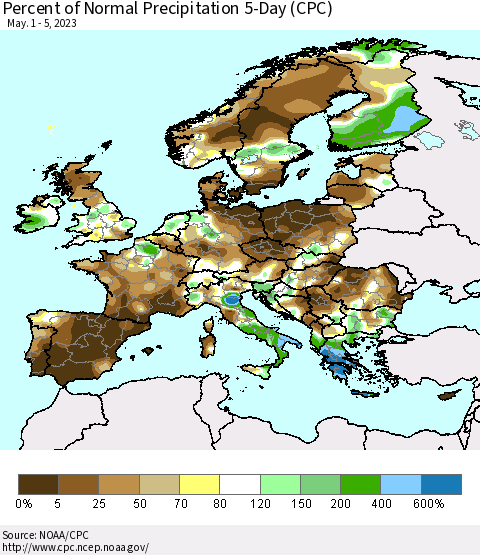 Europe Percent of Normal Precipitation 5-Day (CPC) Thematic Map For 5/1/2023 - 5/5/2023
