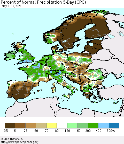 Europe Percent of Normal Precipitation 5-Day (CPC) Thematic Map For 5/6/2023 - 5/10/2023
