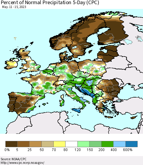 Europe Percent of Normal Precipitation 5-Day (CPC) Thematic Map For 5/11/2023 - 5/15/2023