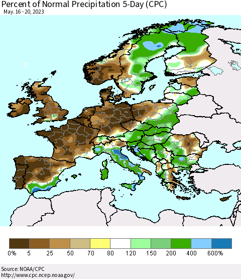 Europe Percent of Normal Precipitation 5-Day (CPC) Thematic Map For 5/16/2023 - 5/20/2023