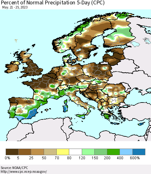 Europe Percent of Normal Precipitation 5-Day (CPC) Thematic Map For 5/21/2023 - 5/25/2023