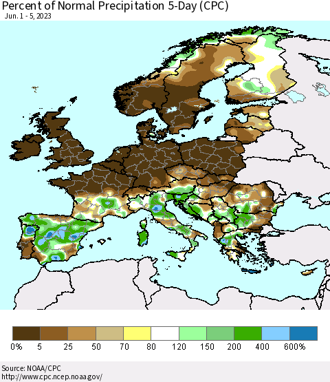 Europe Percent of Normal Precipitation 5-Day (CPC) Thematic Map For 6/1/2023 - 6/5/2023