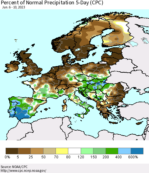 Europe Percent of Normal Precipitation 5-Day (CPC) Thematic Map For 6/6/2023 - 6/10/2023