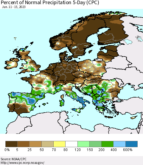 Europe Percent of Normal Precipitation 5-Day (CPC) Thematic Map For 6/11/2023 - 6/15/2023