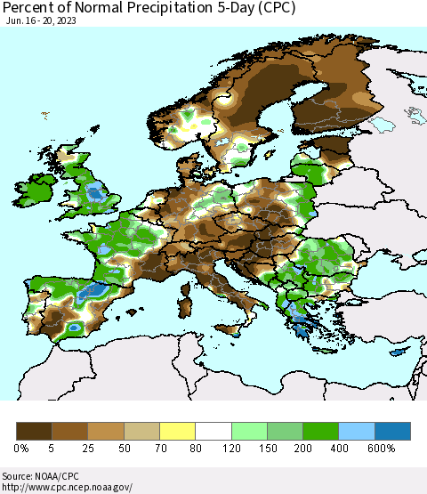Europe Percent of Normal Precipitation 5-Day (CPC) Thematic Map For 6/16/2023 - 6/20/2023