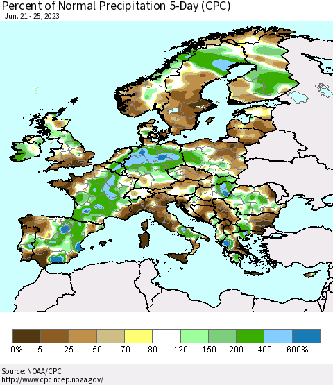 Europe Percent of Normal Precipitation 5-Day (CPC) Thematic Map For 6/21/2023 - 6/25/2023
