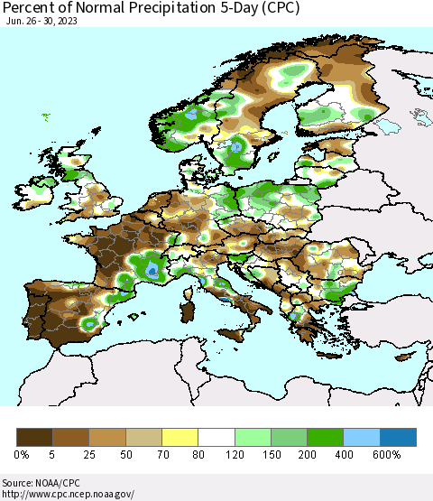Europe Percent of Normal Precipitation 5-Day (CPC) Thematic Map For 6/26/2023 - 6/30/2023