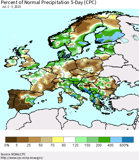 Europe Percent of Normal Precipitation 5-Day (CPC) Thematic Map For 7/1/2023 - 7/5/2023