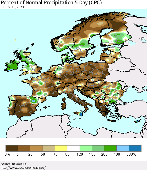 Europe Percent of Normal Precipitation 5-Day (CPC) Thematic Map For 7/6/2023 - 7/10/2023