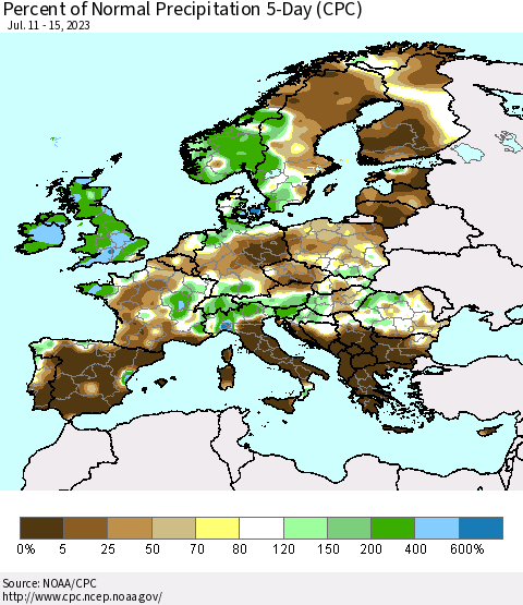 Europe Percent of Normal Precipitation 5-Day (CPC) Thematic Map For 7/11/2023 - 7/15/2023