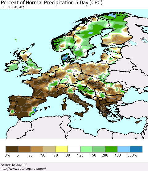 Europe Percent of Normal Precipitation 5-Day (CPC) Thematic Map For 7/16/2023 - 7/20/2023