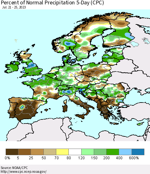 Europe Percent of Normal Precipitation 5-Day (CPC) Thematic Map For 7/21/2023 - 7/25/2023