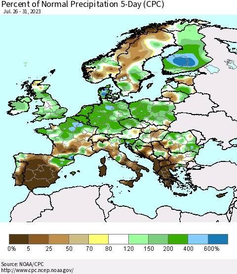 Europe Percent of Normal Precipitation 5-Day (CPC) Thematic Map For 7/26/2023 - 7/31/2023