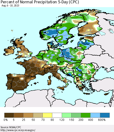 Europe Percent of Normal Precipitation 5-Day (CPC) Thematic Map For 8/6/2023 - 8/10/2023