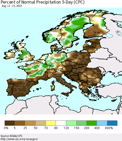 Europe Percent of Normal Precipitation 5-Day (CPC) Thematic Map For 8/11/2023 - 8/15/2023