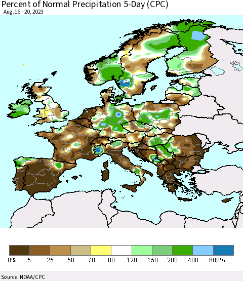 Europe Percent of Normal Precipitation 5-Day (CPC) Thematic Map For 8/16/2023 - 8/20/2023