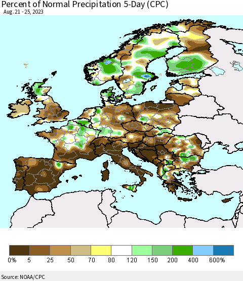 Europe Percent of Normal Precipitation 5-Day (CPC) Thematic Map For 8/21/2023 - 8/25/2023