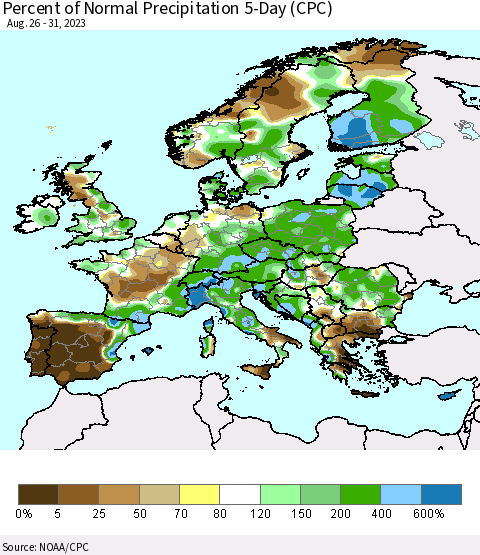 Europe Percent of Normal Precipitation 5-Day (CPC) Thematic Map For 8/26/2023 - 8/31/2023