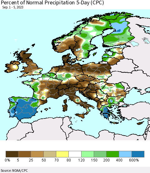 Europe Percent of Normal Precipitation 5-Day (CPC) Thematic Map For 9/1/2023 - 9/5/2023