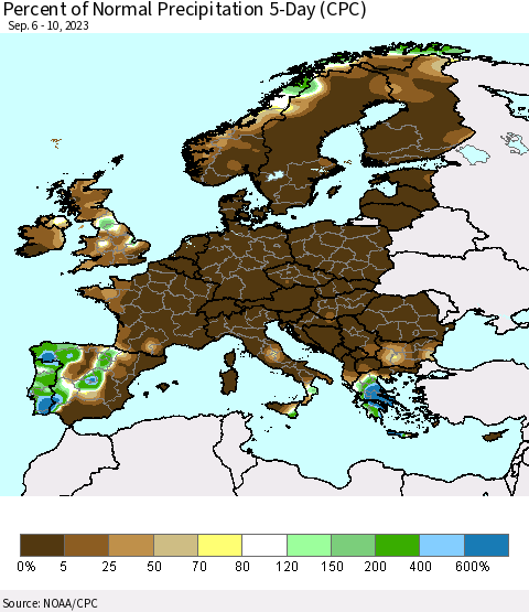 Europe Percent of Normal Precipitation 5-Day (CPC) Thematic Map For 9/6/2023 - 9/10/2023