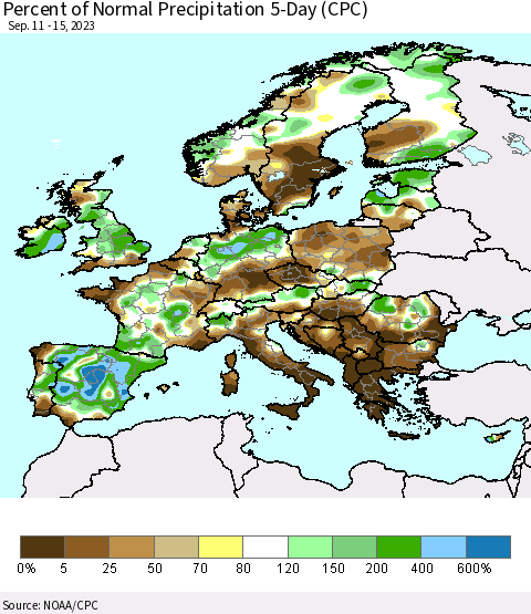 Europe Percent of Normal Precipitation 5-Day (CPC) Thematic Map For 9/11/2023 - 9/15/2023