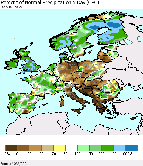 Europe Percent of Normal Precipitation 5-Day (CPC) Thematic Map For 9/16/2023 - 9/20/2023