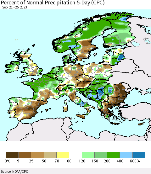 Europe Percent of Normal Precipitation 5-Day (CPC) Thematic Map For 9/21/2023 - 9/25/2023