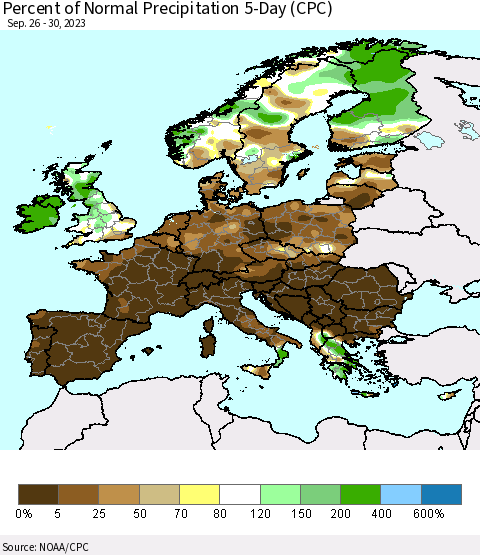 Europe Percent of Normal Precipitation 5-Day (CPC) Thematic Map For 9/26/2023 - 9/30/2023