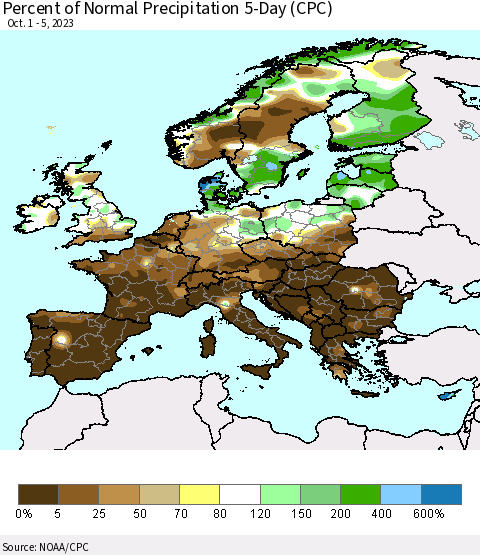 Europe Percent of Normal Precipitation 5-Day (CPC) Thematic Map For 10/1/2023 - 10/5/2023