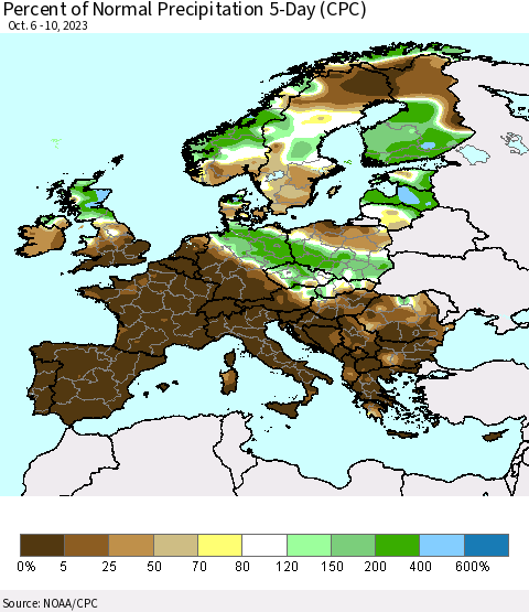 Europe Percent of Normal Precipitation 5-Day (CPC) Thematic Map For 10/6/2023 - 10/10/2023