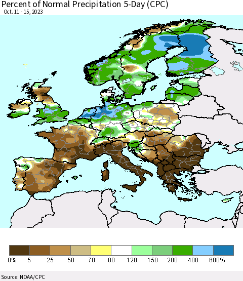 Europe Percent of Normal Precipitation 5-Day (CPC) Thematic Map For 10/11/2023 - 10/15/2023