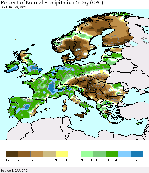 Europe Percent of Normal Precipitation 5-Day (CPC) Thematic Map For 10/16/2023 - 10/20/2023