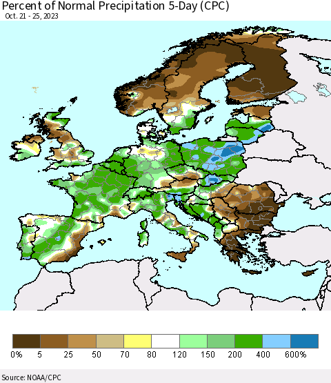 Europe Percent of Normal Precipitation 5-Day (CPC) Thematic Map For 10/21/2023 - 10/25/2023