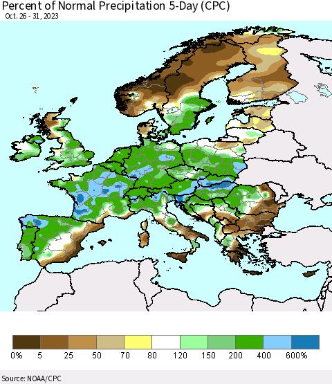 Europe Percent of Normal Precipitation 5-Day (CPC) Thematic Map For 10/26/2023 - 10/31/2023