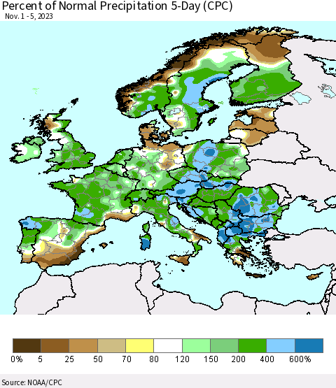 Europe Percent of Normal Precipitation 5-Day (CPC) Thematic Map For 11/1/2023 - 11/5/2023