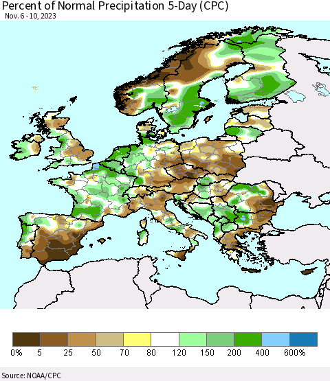 Europe Percent of Normal Precipitation 5-Day (CPC) Thematic Map For 11/6/2023 - 11/10/2023