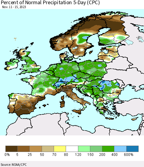 Europe Percent of Normal Precipitation 5-Day (CPC) Thematic Map For 11/11/2023 - 11/15/2023