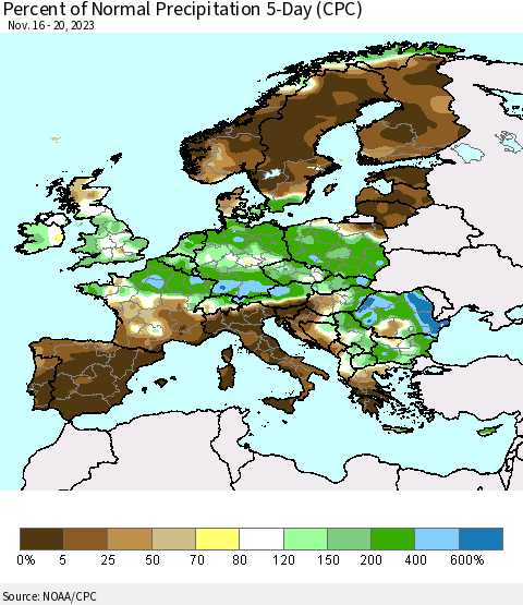 Europe Percent of Normal Precipitation 5-Day (CPC) Thematic Map For 11/16/2023 - 11/20/2023