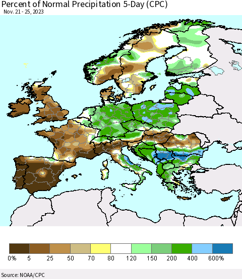 Europe Percent of Normal Precipitation 5-Day (CPC) Thematic Map For 11/21/2023 - 11/25/2023